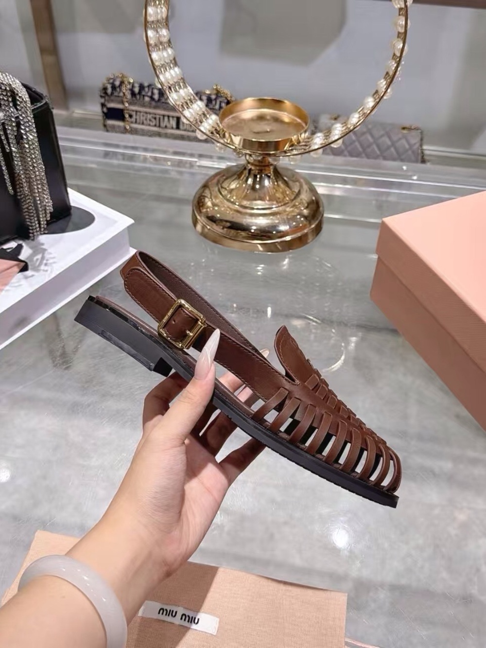Miu Miu Brown Woven Leather Slingback Sandals - Picture 4 of 7